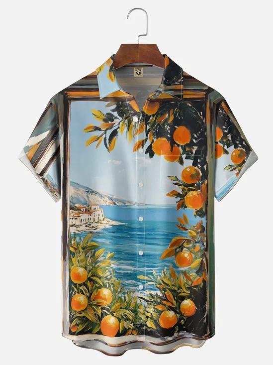 Moisture-wicking Island Resort Orange Tree Chest Pocket Hawaiian Shirt