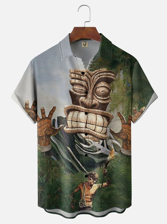 Moisture-wicking TIKI Escape Fun Art Chest Pocket Hawaiian Shirt