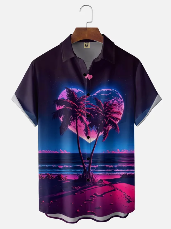Moisture Wicking Hawaiian Beach Valentine's Day Heart Chest Pocket Holiday Hawaiian Shirt