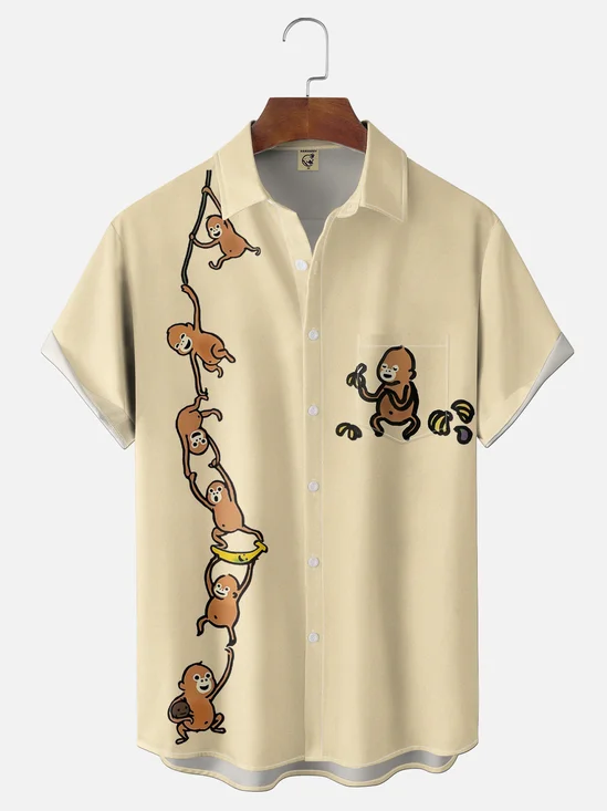 Moisture-wicking Monkey Banana Fun Art Chest Pocket Bowling Shirt