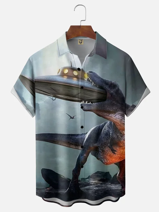 Moisture-wicking Dinosaur vs. Alien UFO Chest Pocket Hawaiian Shirt