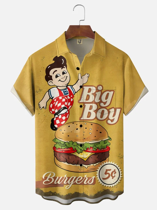 Moisture Wicking Retro Poster Big Hamburger Chest Pocket Holiday Shirt