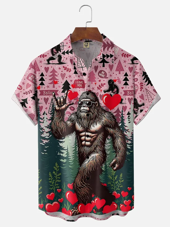 Moisture-wicking Valentine's Day Bigfoot Fun Heart Chest Pocket Casual Shirt