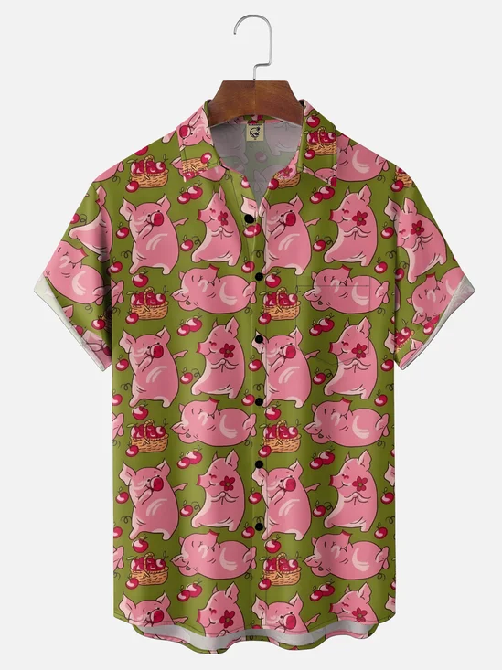 Moisture Wicking Cute Funny Pig Apple Chest Pocket Holiday Shirt