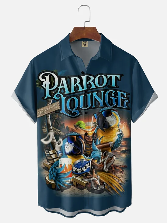 Moisture Wicking Gradient Parrot Cocktail Coconut Tree Beach Chest Pocket Holiday Shirt