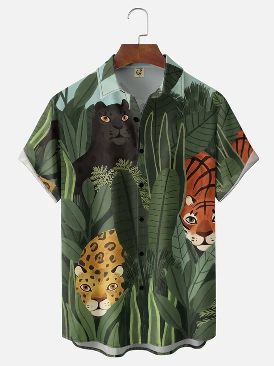 Moisture-wicking Rainforest Plant Leopard Art Chest Pocket Hawaiian Shirt