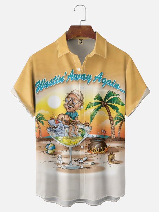 Moisture Wicking Gradient Beach Shark Coconut Tree Guitar Chest Pocket Holiday Shirt