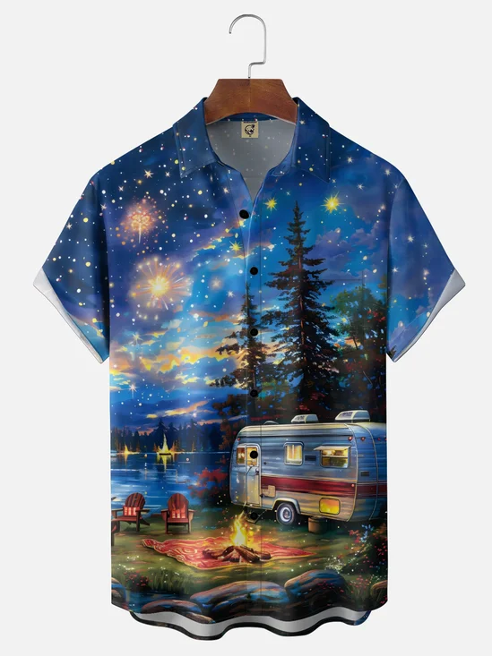 Moisture Wicking Gradient Color Fireworks Lakeside Camping RV Bonfire Chest Pocket Holiday Shirt