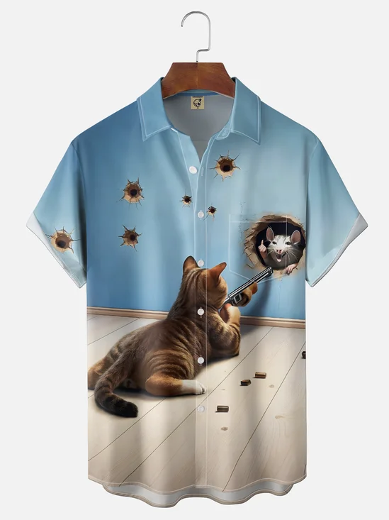 Moisture-wicking Cat Mouse Funny Chest Pocket Casual Shirt