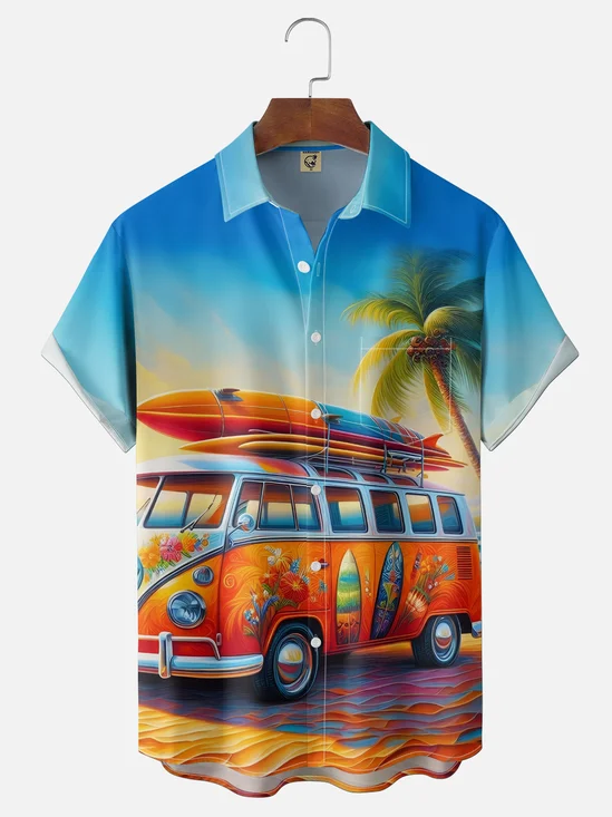 Moisture Wicking Gradient Beach Camping RV Coconut Tree Chest Pocket Holiday Shirt