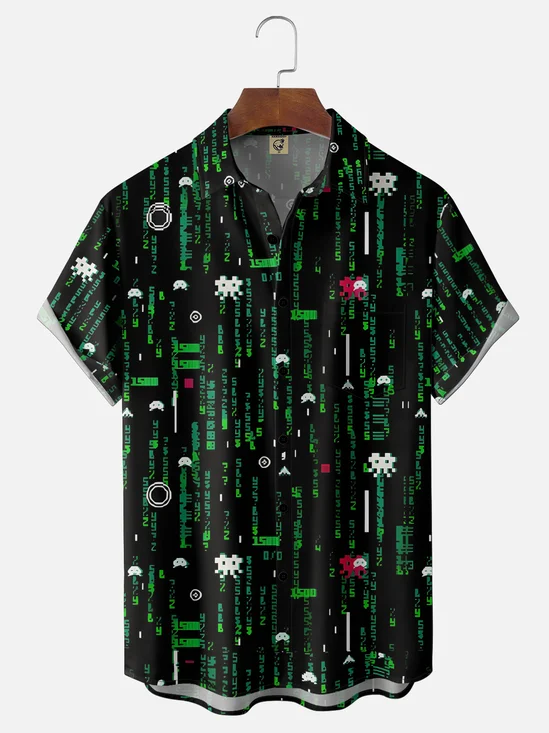 Moisture-wicking Matrix Raining Code Pixel Game Chest Pocket Casual Shirt