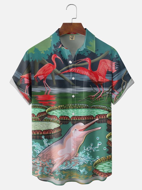 Moisture-wicking Flamingo Pink Dolphin Botanical Art Chest Pocket Hawaiian Shirt