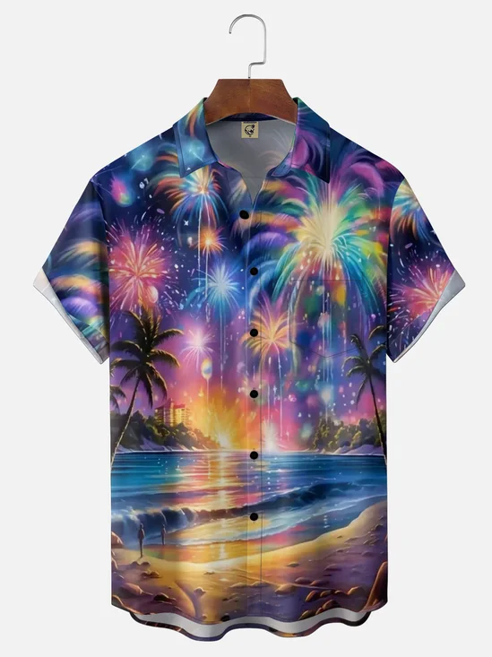 Moisture Wicking Gradient Colors Fireworks Beach Coconut Trees Happy New Year Chest Pocket Holiday Shirt
