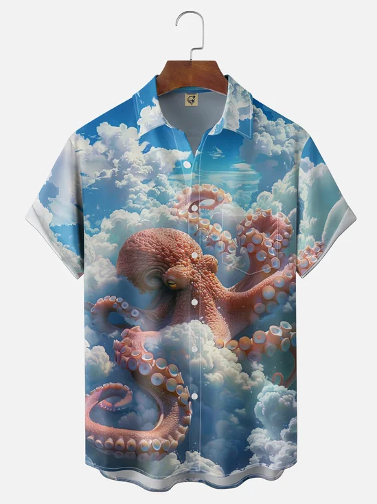 Moisture Wickin Fun Blue Sky White Clouds Sea Octopus Chest Pocket Holiday Hawaiian Shirt