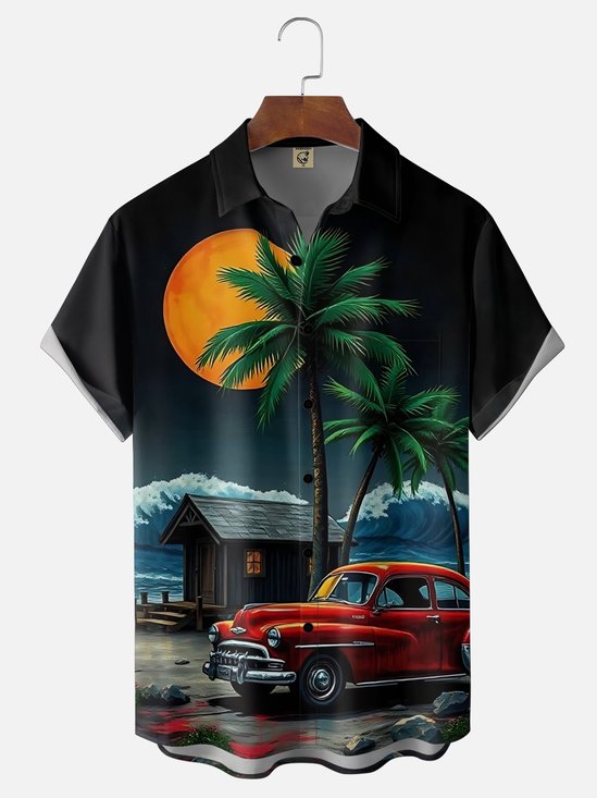 Moisture Wickin Beach Vacation Coconut Trees Vintage Car Chest Pocket Holiday Hawaii Shirt