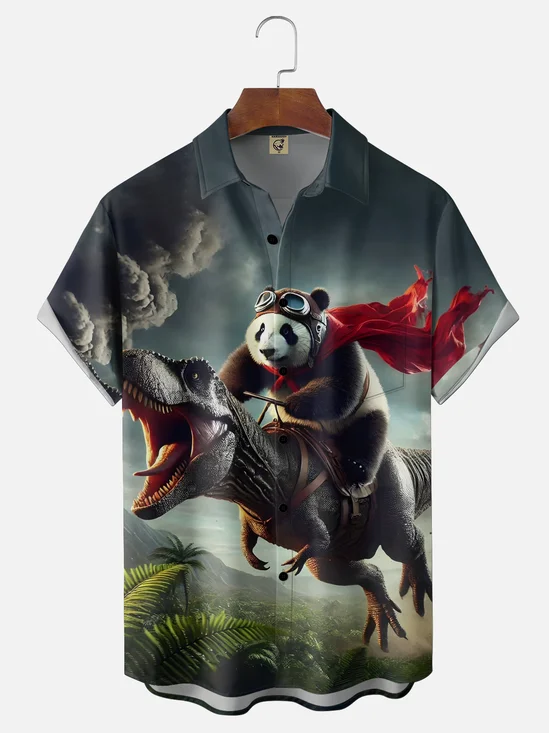 Moisture Wicking Fun Panda Dinosaur Chest Pocket Holiday Hawaiian Shirt
