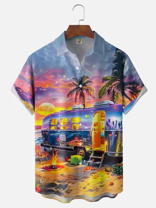 Moisture Wickin Beach Campervan Chest Pocket Holiday Hawaiian Shirt