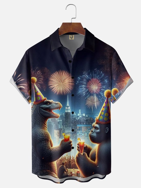Moisture Wicking Fun New Year Celebration Dinosaur Chest Pocket Holiday Hawaiian Shirt
