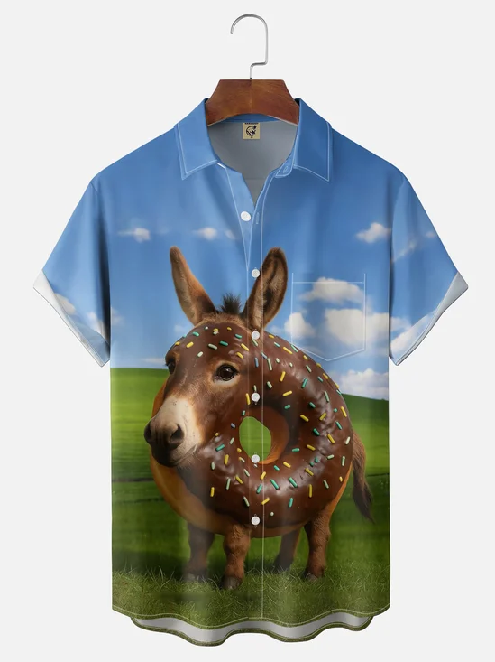 Moisture Wicking Fun Donut Donkey Chest Pocket Holiday Hawaiian Shirt