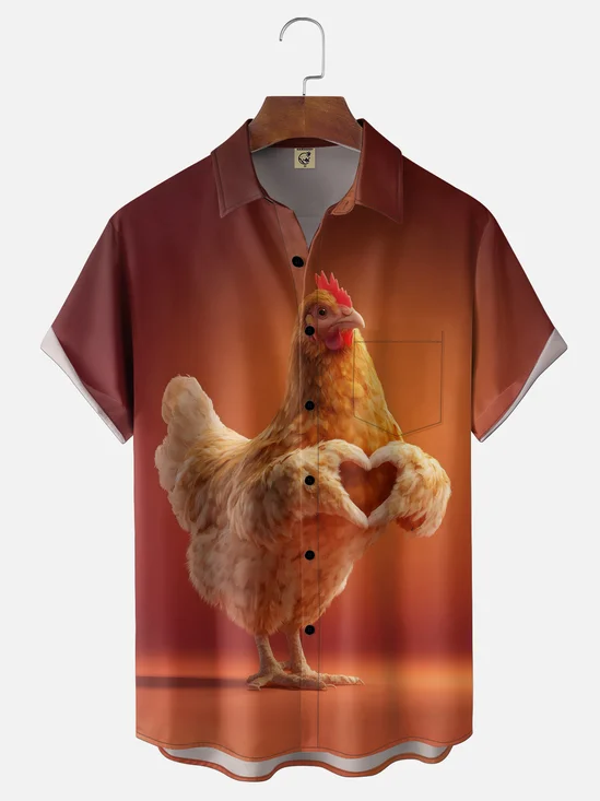 Moisture Wicking Fun Valentine's Day Heart-Shaped Chicken Chest Pocket Holiday Hawaiian Shirt