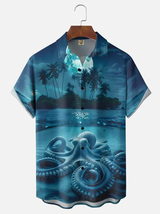 Moisture Wickin Coconut Tree Beach Octopus Chest Pocket Holiday Hawaiian Shirt