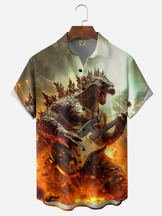 Moisture Wicking Fun Guitar Music Dinosaur Chest Pocket Holiday Hawaiian Shirt