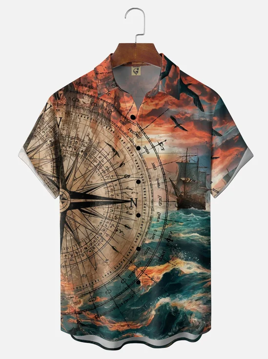 Moisture Wicking Nautical Map Chest Pocket Holiday Hawaiian Shirt