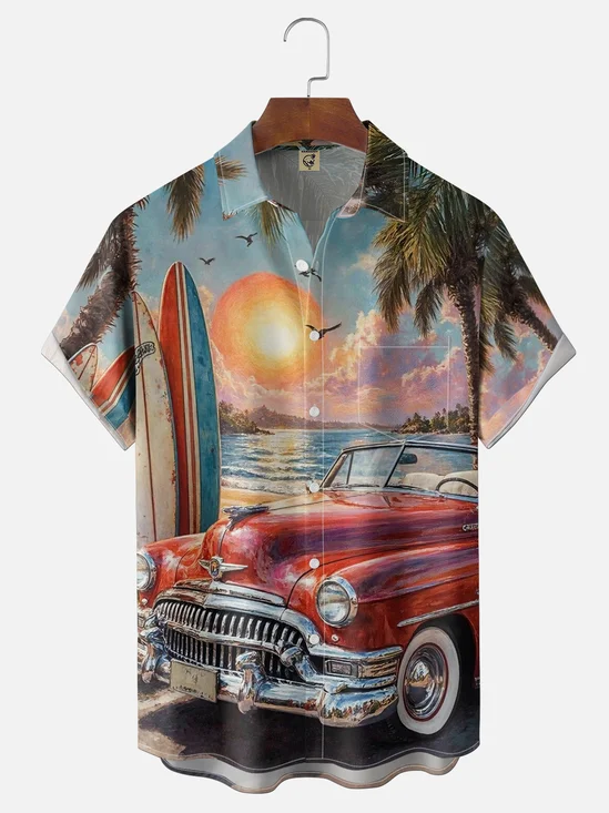 Moisture Wicking Beach Sunset Surfing Vintage Car Chest Pocket Holiday Hawaiian Shirt
