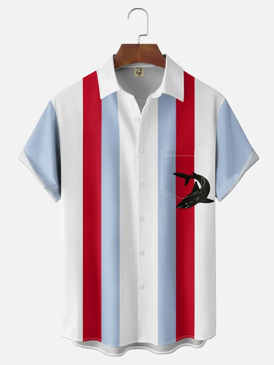 Moisture-wicking Striped Shark Chest Pocket Hawaiian Shirt