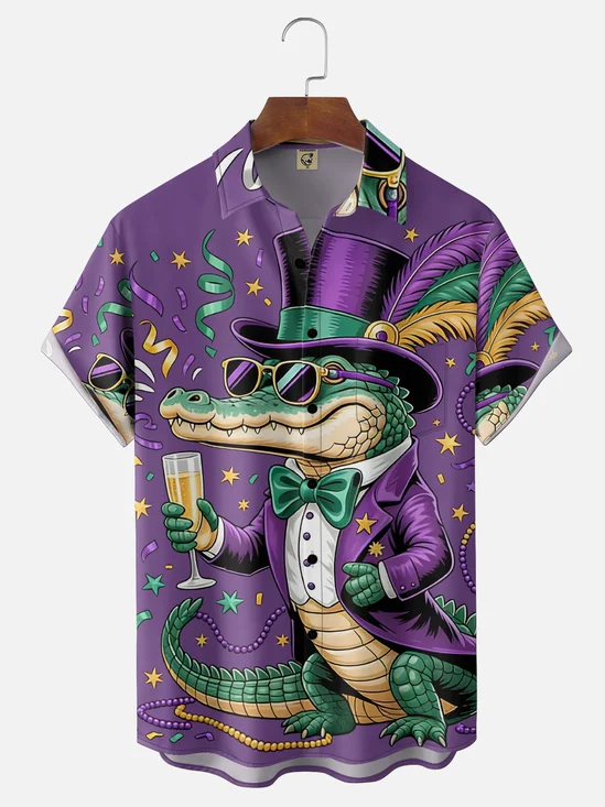 Moisture-wicking Mardi Gras Crocodile Cocktail Chest Pocket Hawaiian Shirt