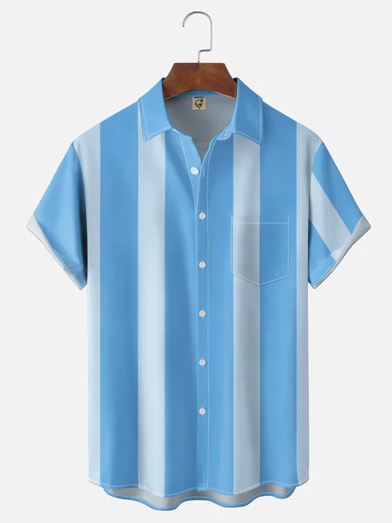 Moisture-wicking Geomatric Striped Chest Pocket Bowling Shirt