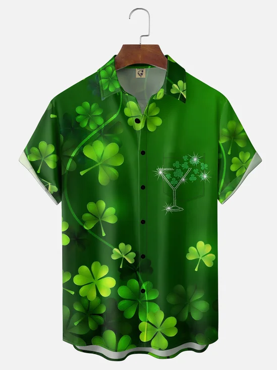 Moisture-wicking Saint Patrick's Day Shamrock Cocktail Chest Pocket Hawaiian Shirt