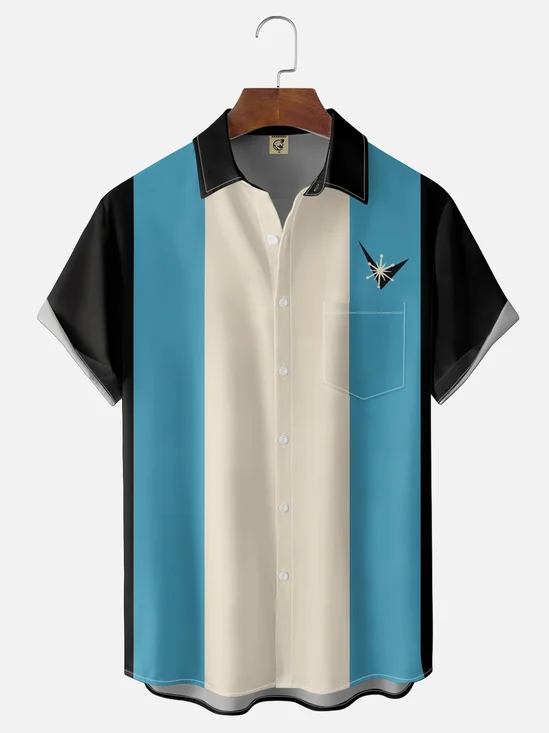 Moisture-wicking Geomatric Chest Pocket Bowling Shirt