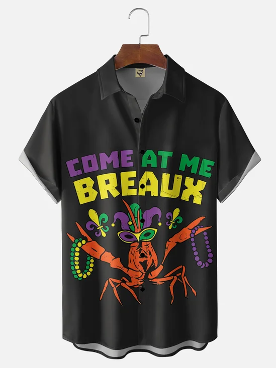 Moisture-wicking Mardi Gras Lobster Mask Beads Chest Pocket Casual Shirt