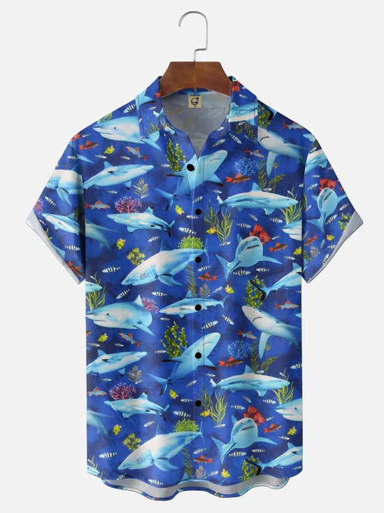 Moisture-wicking Marine Life Shark Chest Pocket Hawaiian Shirt