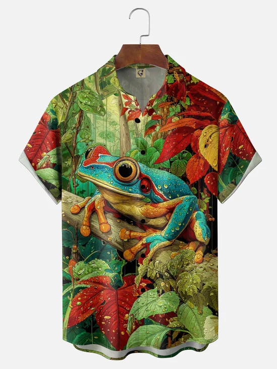 Moisture Wicking Tropical Plants Tree Frog Chest Pocket Holiday Shirt