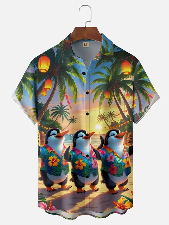Moisture Wicking Penguins Dancing On The Beach Coconut Trees Chest Pocket Holiday Shirt