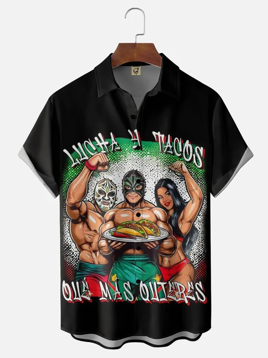 Moisture-wicking Mexican Lucha Libre Chest Pocket Casual Shirt
