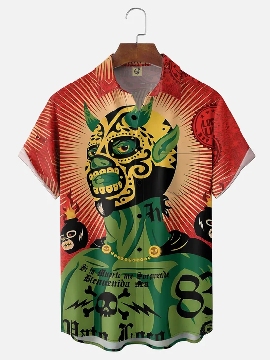 Moisture-wicking Mexican Lucha Libre Chest Pocket Casual Shirt