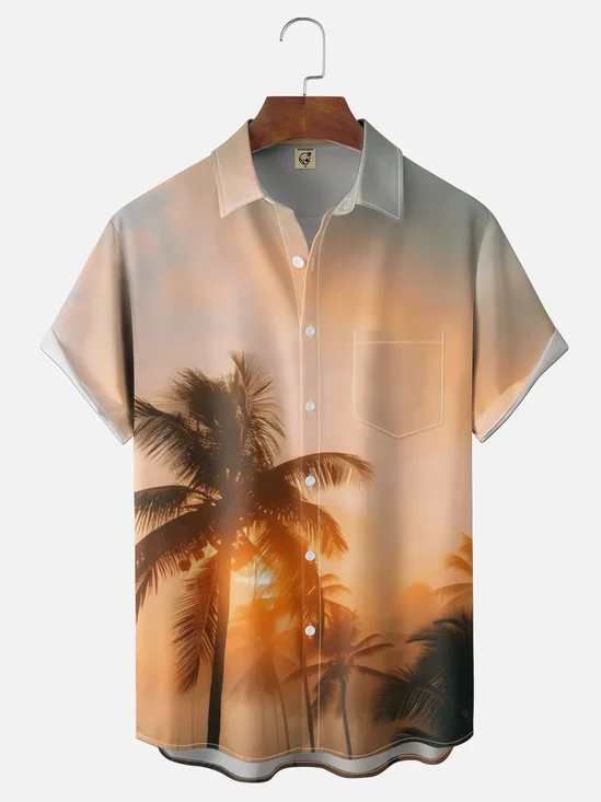 Moisture-wicking Palm Tree Chest Pocket Hawaiian Shirt