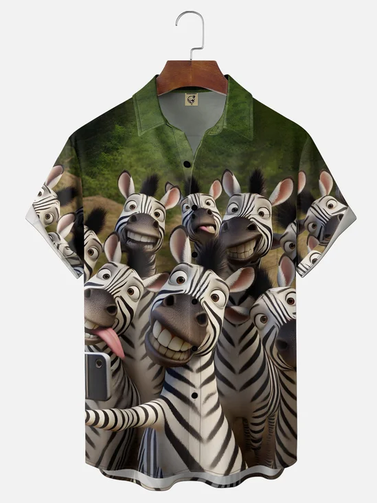 Moisture-wicking Fun Zebra Selfie Chest Pocket Hawaiian Shirt