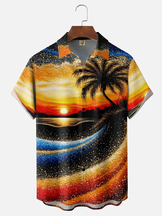Moisture Wicking Gradient Abstract Coconut Tree Artwork Chest Pocket Holiday Shirt