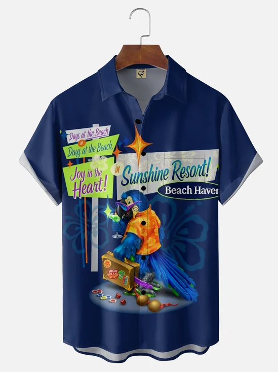 Moisture Wickin Hawaiian Beach Vacation Time Parrot Chest Pocket Holiday Hawaiian Shirt