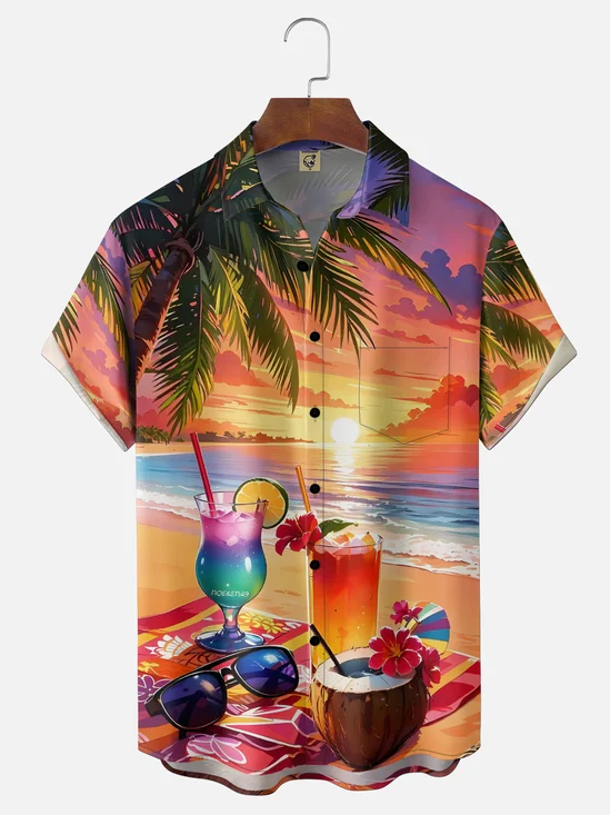 Moisture Wicking Gradient Beach Cocktail Coconut Tree Chest Pocket Holiday Shirt