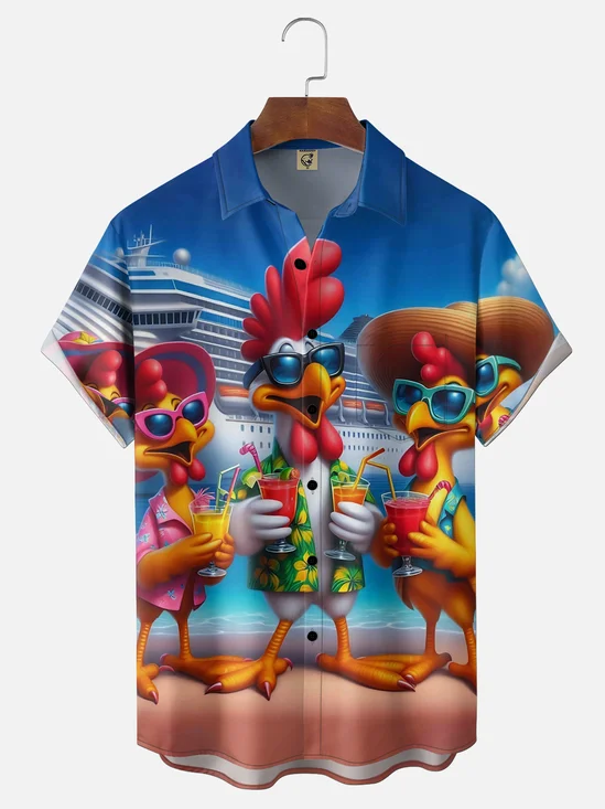Moisture Wickin Cruise Ship Holiday Chicken Chest Pocket Holiday Hawaiian Shirt