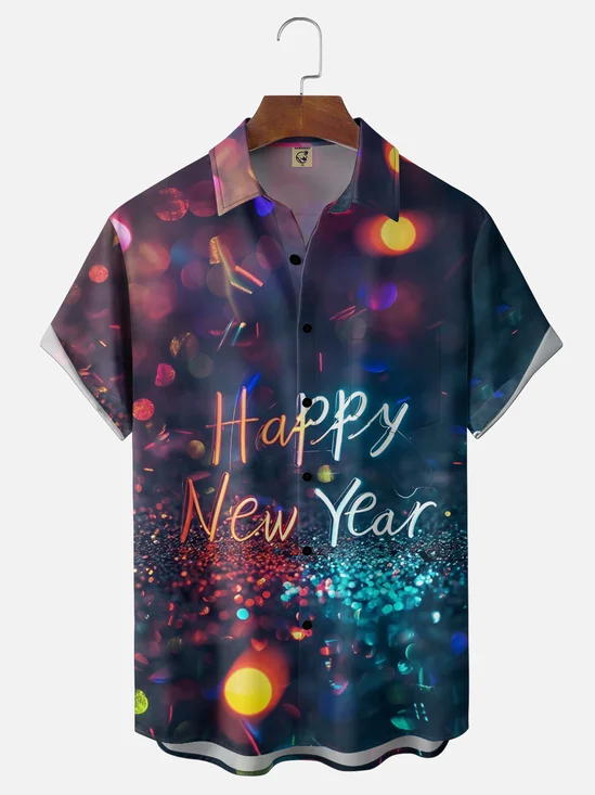 Moisture-wicking Happy New Year Fireworks Chest Pocket Hawaiian Shirt