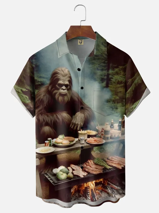 Moisture-wicking Bigfoot Forest BBQ Fun Chest Pocket Hawaiian Shirt