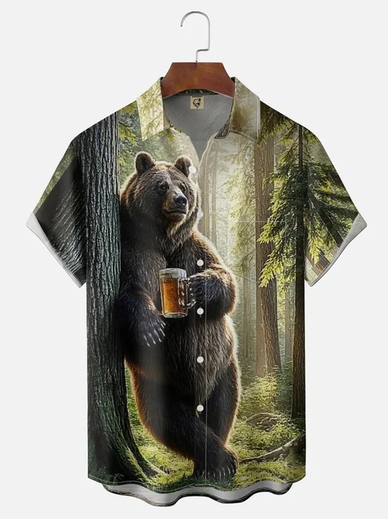 Moisture-wicking Brown Bear Fun Beer Chest Pocket Hawaiian Shirt