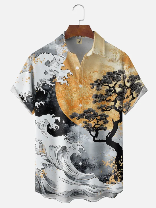 Moisture Wickin Ukiyo-e style sea waves Chest Pocket Holiday Hawaiian shirt