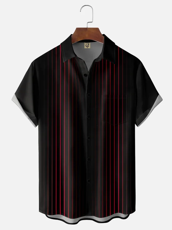 Moisture Wickin Gradient Striped Chest Pocket Holiday Bowling Shirt